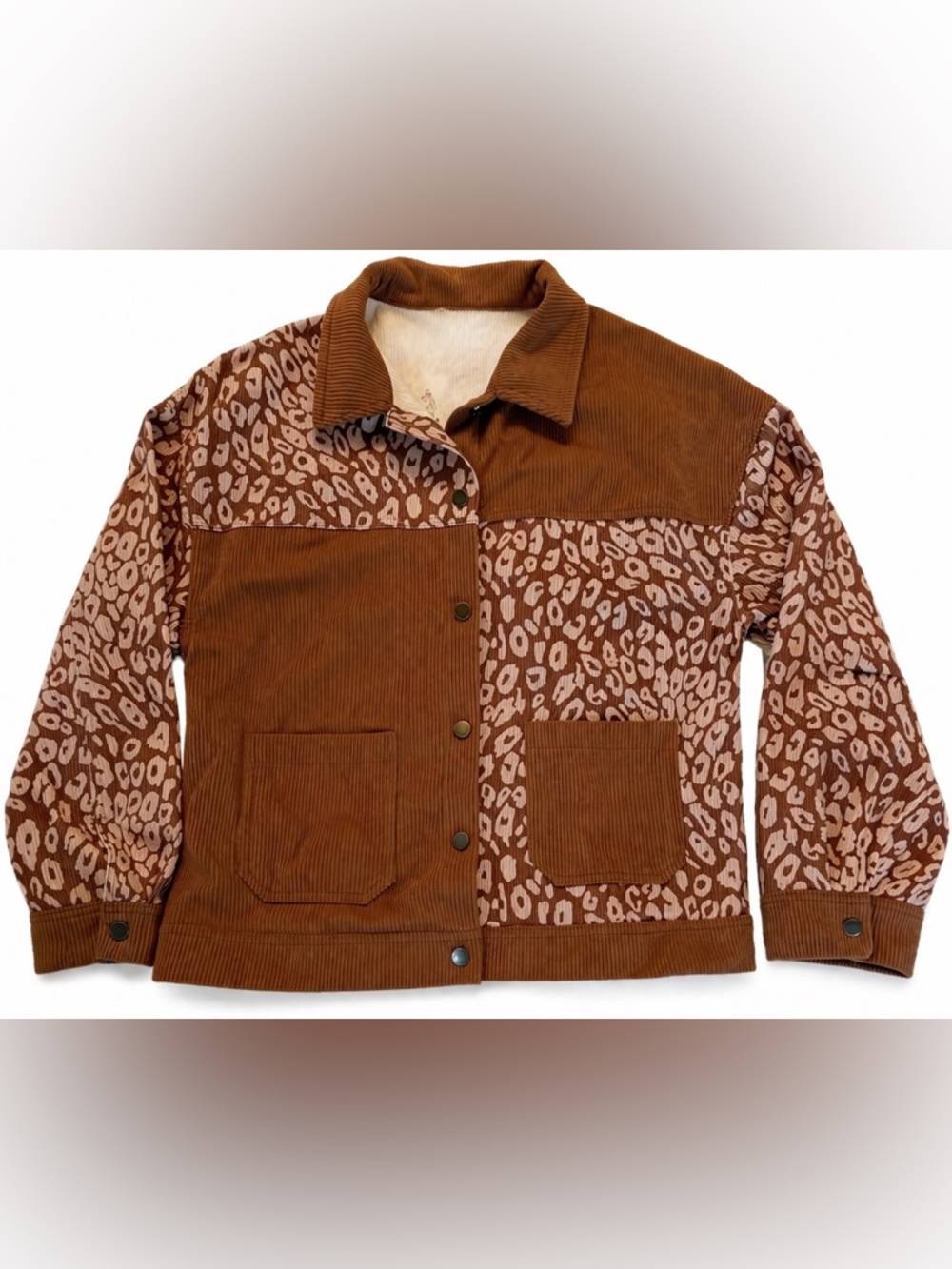 Brown Corduroy & Leopard Print Patchwork Jacket | Trendy Statement Coat -Small